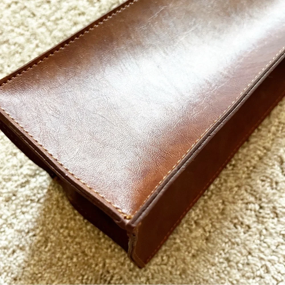 Brown Faux Leather Wine Carrier Tote Bag Top Metal Ring Handle Party Travel